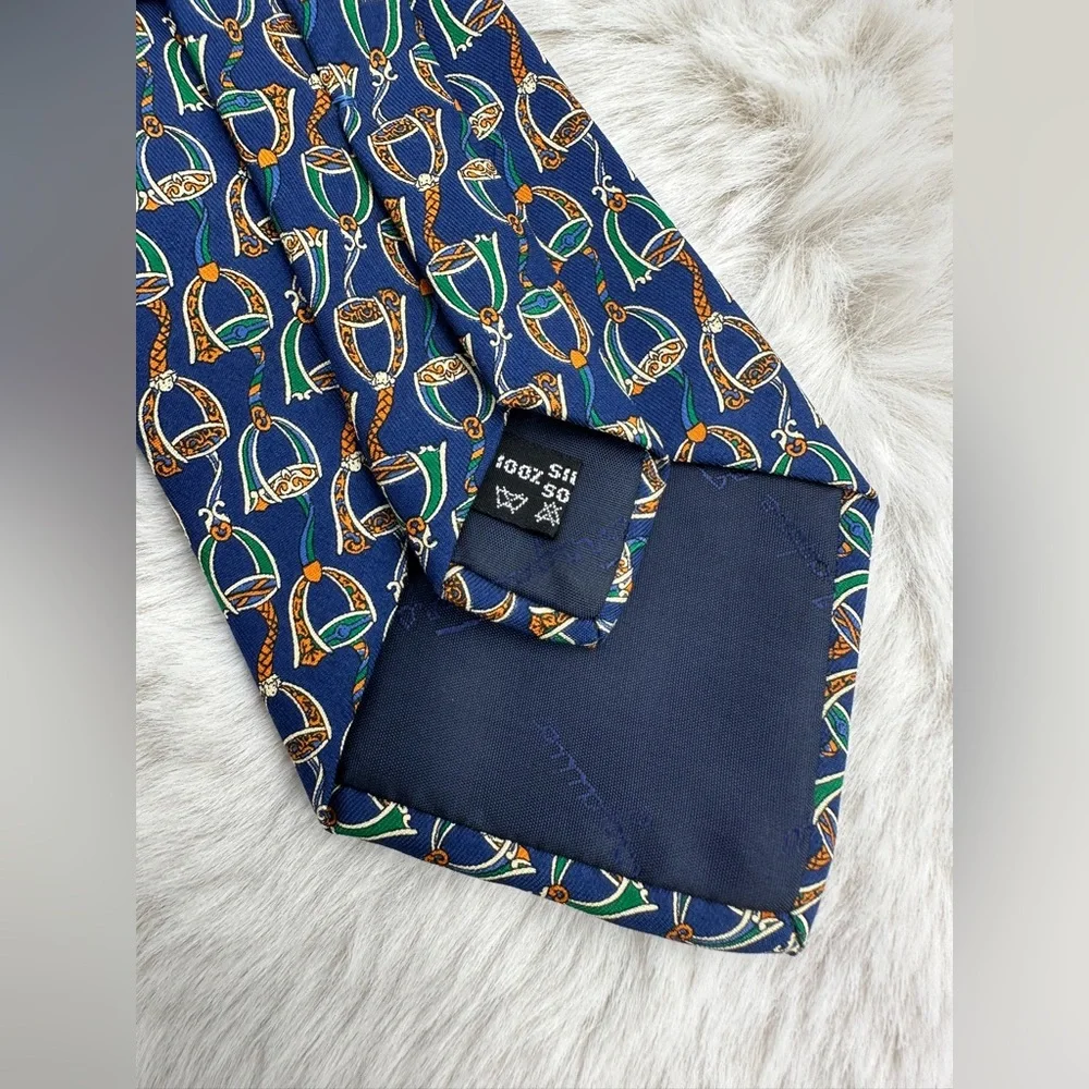 Salvatore Ferragamo Equestrian Silk Tie‎ Navy Green Orange | Made in Italy